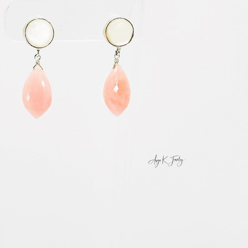 Pink Opal Earrings, Pink Opal Briolette Mother Of Pearl Stud Silver Earrings, Large Drop Earrings, Bridal Jewelry, Special Gift For Her image 4