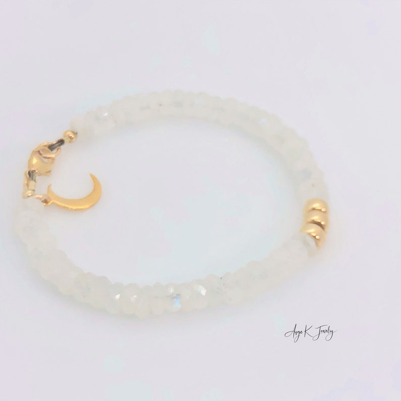Moonstone Bracelet, Faceted Rainbow Moonstone 14KT Gold Filled Moon Charm Bracelet, Stress Relief, Stacking Bracelet, Meaningful Gifts image 5