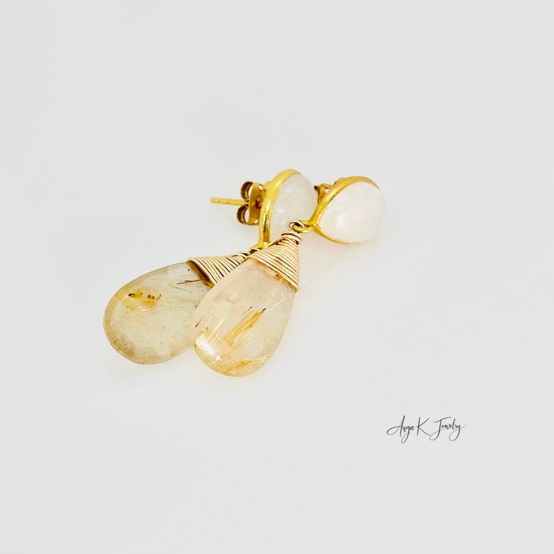 Boucles d'oreilles en quartz rutile doré et pierres de lune en or, Boucles d'oreilles en or avec pierres précieuses, Cadeaux bijoux uniques image 6
