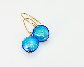 Pendientes de Murano, Pendientes de lámina de oro blanco Aqua de cristal de Murano, Pendientes Vermeil de oro de cristal de Murano, Pendientes colgantes de Murano, Regalo único para mamá