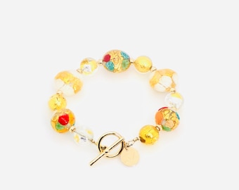 Murano Glass Bracelet, Multi Color Lace Venetian Glass 14KT Gold Filled Toggle Bracelet, Colorful Murano Glass Bracelet, One Of A Kind Gifts
