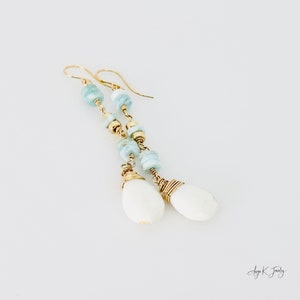 White Opal Earrings, White Opal And Larimar 14KT Gold Filled Earrings, Long Dangle Drop Earrings, Gemstone Jewelry, Meaningful Gift For Her image 3