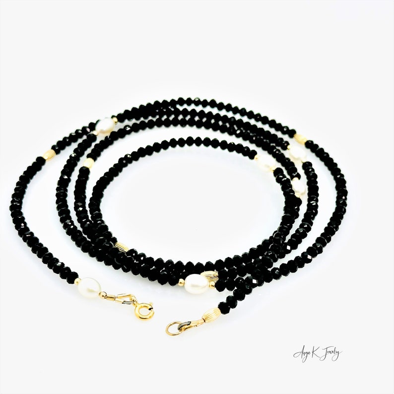 Pearl And Spinel Necklace, Black Spinel And White Freshwater Pearls 14KT Gold Filled Necklace, Long Layering Necklace, Jewelry Gifts For Her zdjęcie 6