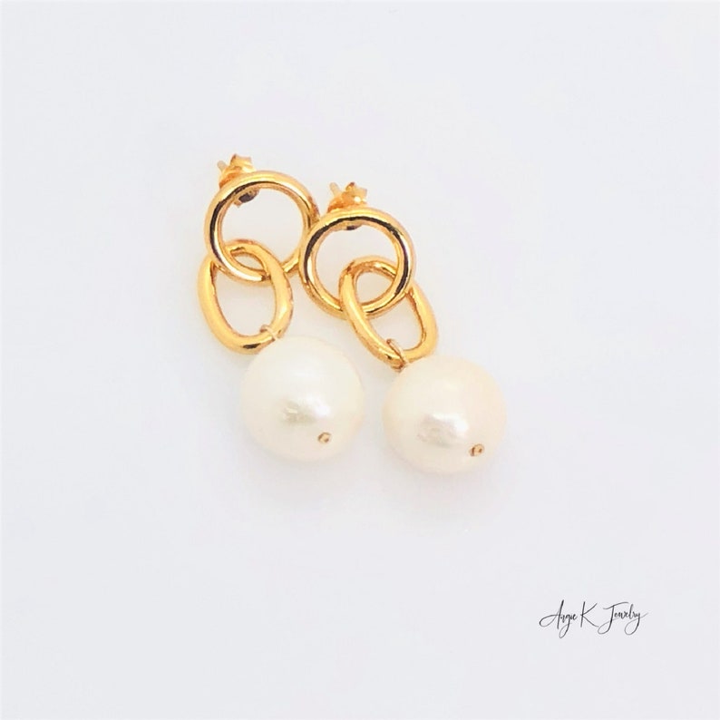 Pearl Earrings, White Baroque Pearl Earrings, Pearl Dangle Earrings, Bridal Earrings, Pearl Gold Vermeil Stud Earrings, One Of A Kind Gift image 4