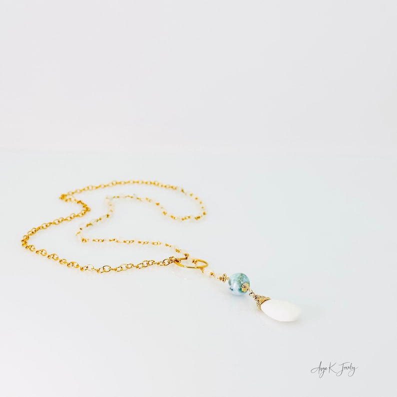 White Opal Lariat Necklace, White Opal And Larimar Lariat Gold Necklace, Multi Gemstone Necklace, Birthstone Jewelry, One Of A Kind Gift image 9