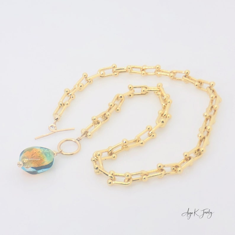 Murano Glas Halskette, Murano Glas Topas und Aqua Front Toggle Gold Halskette, Anhänger Halskette, Statement Schmuck, Mutter der Braut Bild 6
