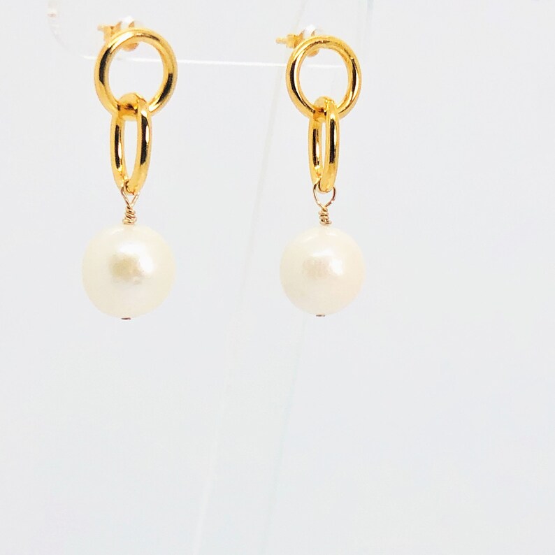 Pearl Earrings, White Baroque Pearl Earrings, Pearl Dangle Earrings, Bridal Earrings, Pearl Gold Vermeil Stud Earrings, One Of A Kind Gift image 1