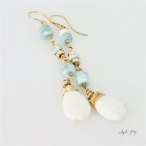 White Opal Earrings, White Opal And Larimar 14KT Gold Filled Earrings, Long Dangle Drop Earrings, Gemstone Jewelry, Meaningful Gift For Her image 7