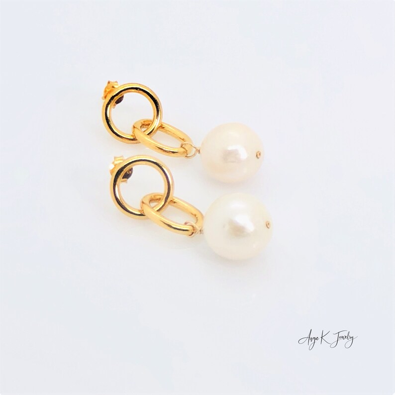 Pearl Earrings, White Baroque Pearl Earrings, Pearl Dangle Earrings, Bridal Earrings, Pearl Gold Vermeil Stud Earrings, One Of A Kind Gift image 7