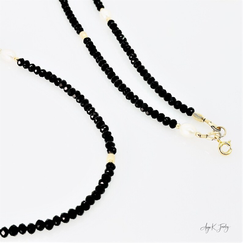 Pearl And Spinel Necklace, Black Spinel And White Freshwater Pearls 14KT Gold Filled Necklace, Long Layering Necklace, Jewelry Gifts For Her zdjęcie 9