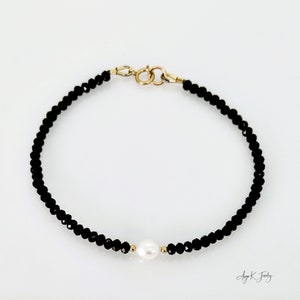 Black Spinel Bracelet, Faceted Black Spinel White Freshwater Pearl 14KT Gold Filled Bracelet, One Of A Kind Jewelry, Unique Gifts For Her image 6