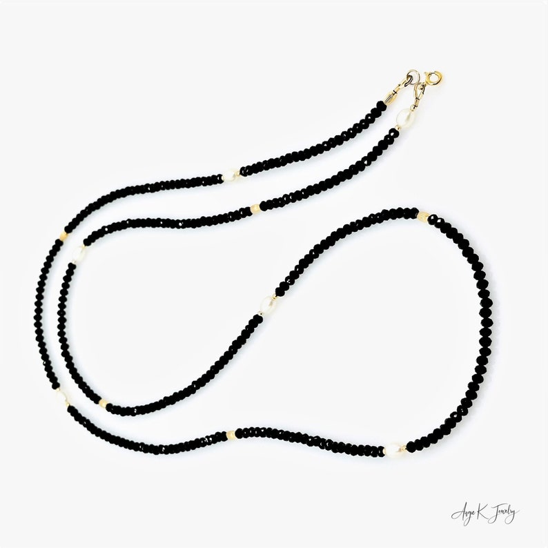 Pearl And Spinel Necklace, Black Spinel And White Freshwater Pearls 14KT Gold Filled Necklace, Long Layering Necklace, Jewelry Gifts For Her image 8