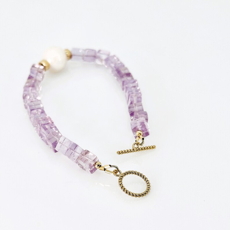 Pink Amethyst Bracelet, Amethyst Pearl 14KT Gold Filled Toggle Bracelet, Amethyst Bracelet, February Birthstone Jewelry, Unique Gift For Her image 5