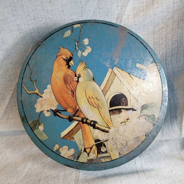 Cardinal and Birdhouse Tin, Vintage fruitcake tin