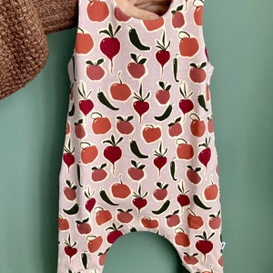Baby Romper - Organic baby dungarees, vegetable print, autumn baby romper, handmade baby gift