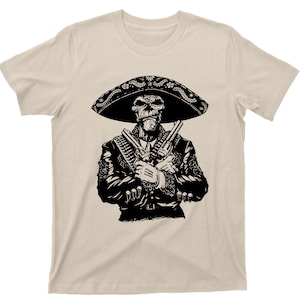 May include: A black and white illustration of a skeleton wearing a sombrero and holding two pistols. The skeleton is wearing a suit and a vest with a decorative pattern.