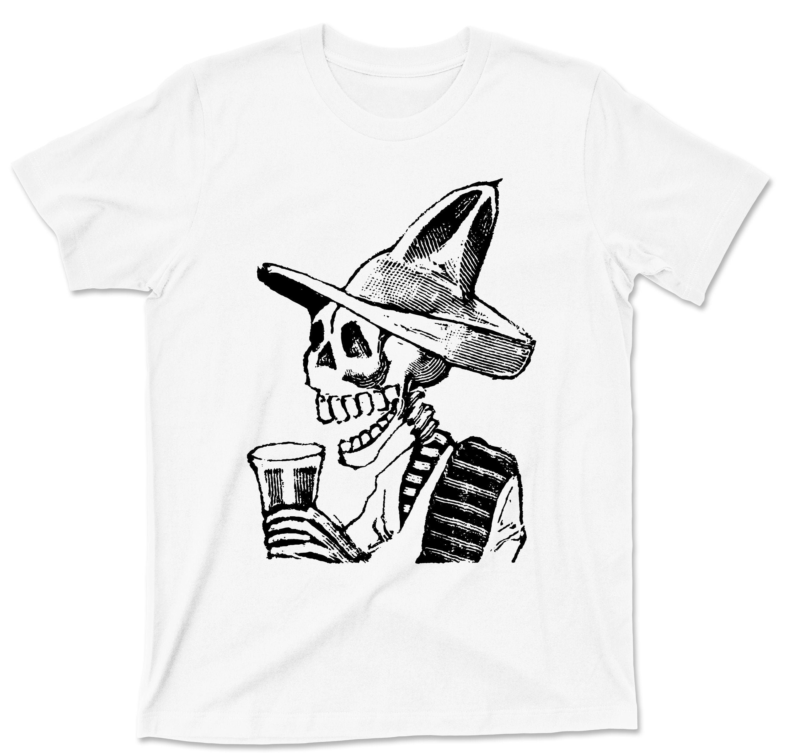 Skeleton Having Drink T Shirt - Famous Mexican Revolution Artist Jose Guadalupe Posada Vignette Feast Dead Alcohol Artwork Graphic TShirt