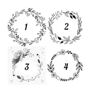 May include: A collection of four circular floral wreaths rendered in black and white line art. Each wreath features distinct botanical elements, including leaves, stems, and flowers. The designs are numbered one through four in the center.