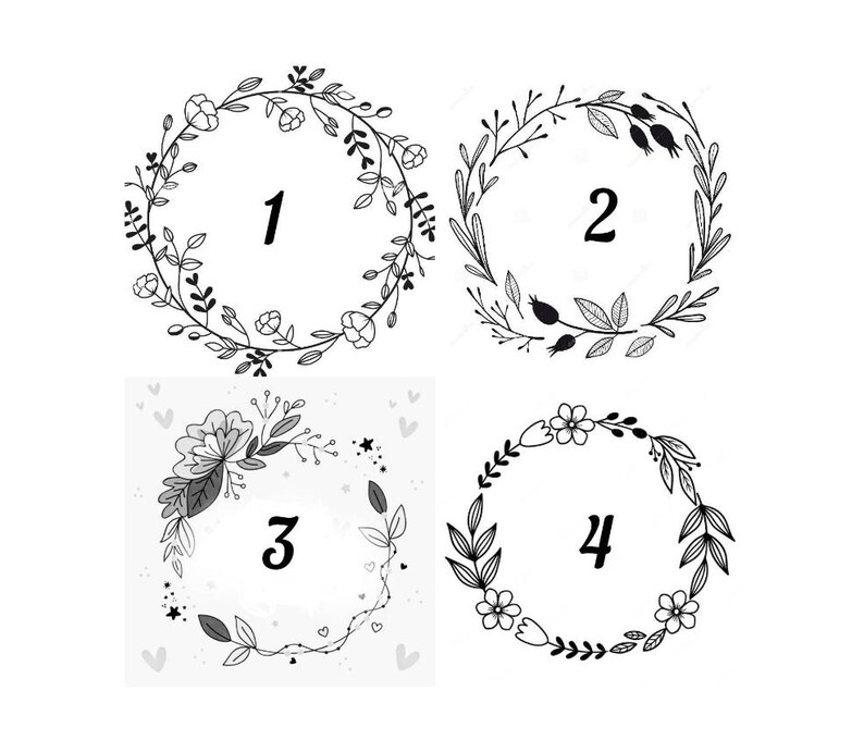 May include: A collection of four circular floral wreaths rendered in black and white line art. Each wreath features distinct botanical elements, including leaves, stems, and flowers. The designs are numbered one through four in the center.