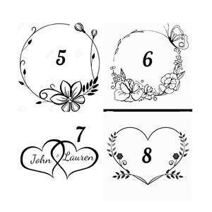 May include: A set of four black and white line art designs. Design 5 is a floral circle with the number 5. Design 6 is a floral wreath with a butterfly and the number 6. Design 7 features two interlocking hearts with the names John & Lauren. Design 8 is a heart-shaped wreath with the number 8.