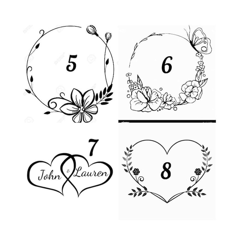 May include: A set of four black and white line art designs. Design 5 is a floral circle with the number 5. Design 6 is a floral wreath with a butterfly and the number 6. Design 7 features two interlocking hearts with the names John & Lauren. Design 8 is a heart-shaped wreath with the number 8.
