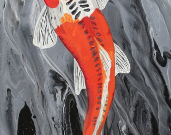 Colorful Orange, Gray and White Koi Fish on a Black & Gray Pour Painting Background