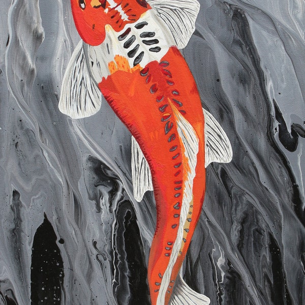 Coloré des poissons de Koi Orange, gris et blanc sur un noir & gris versez fond de peinture