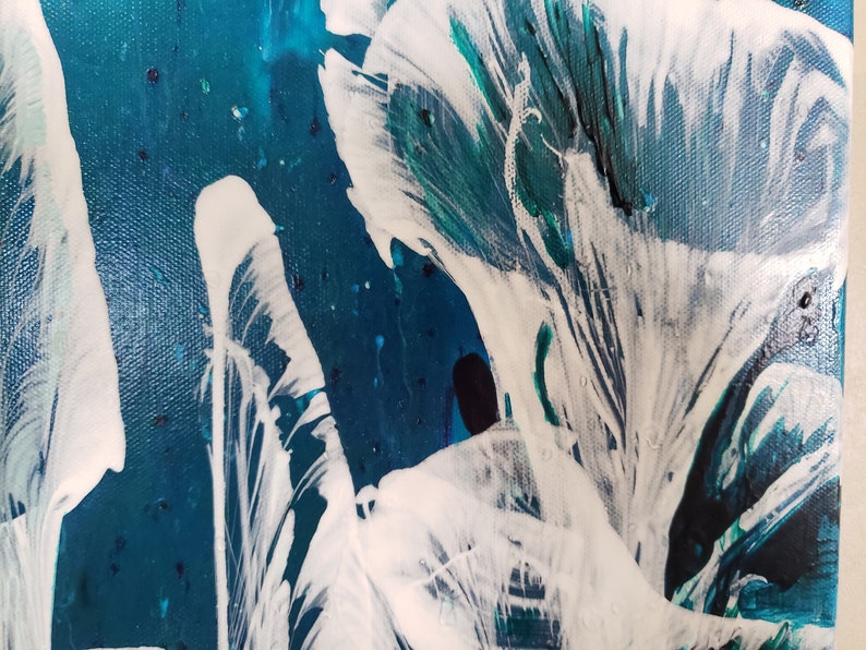 x 24 in 12 in teal and white. wrapped canvas pulled string floral in blue