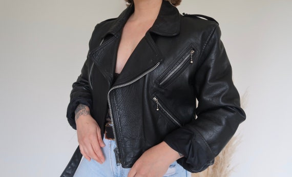 Vintage black cropped leather jacket, vintage leat