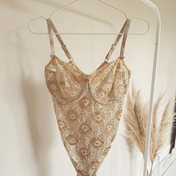 Vintage champagne and gold floral lace bodysuit, v