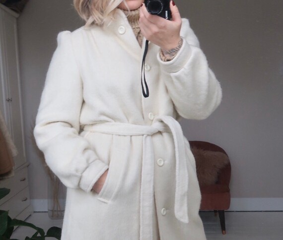 Vintage ivory wool blend belted long coat