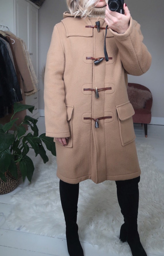 Vintage tan hooded duffle coat with check lining