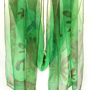 Green Abstract Flower Scarf - Hand Painted Silk Scarf with Flowers - Long Scarf - Ready to Ship