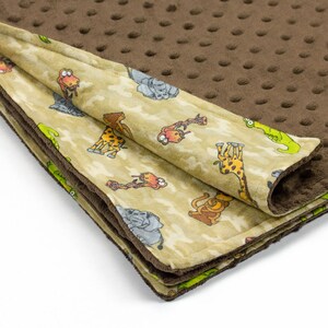 Brown Minky Dot and Flannel Zoo Tropical Animals Blanket