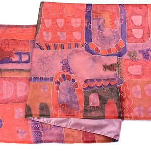 Pink Table Runner with Cats in Cozy Neighborhood - Hand Painted Wall Art - Silk Table Runner - Ready to Ship