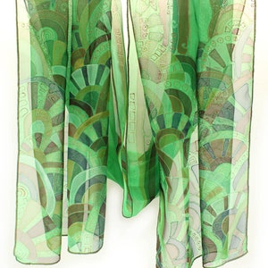 Hand Painted Silk Scarf - Long Scarf with Green Circles - Ready to Ship