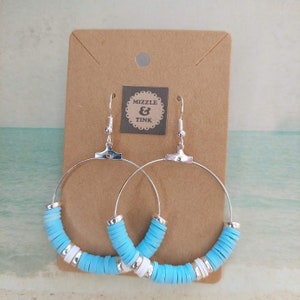 Turquoise and silver hoop polymer clay heishi earrings perfect for a holiday, beach, party, birthday gift or special occasion