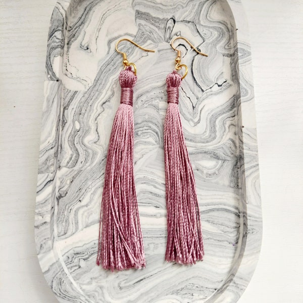 Dusky blush pink tassel earrings perfect for a summer party, wedding, festival or beach with gold or silver colour fish hooks