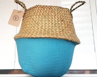 Teal chalk dipped seagrass belly plant storage basket | teal plant basket | teal dipped basket | teal storage basket |