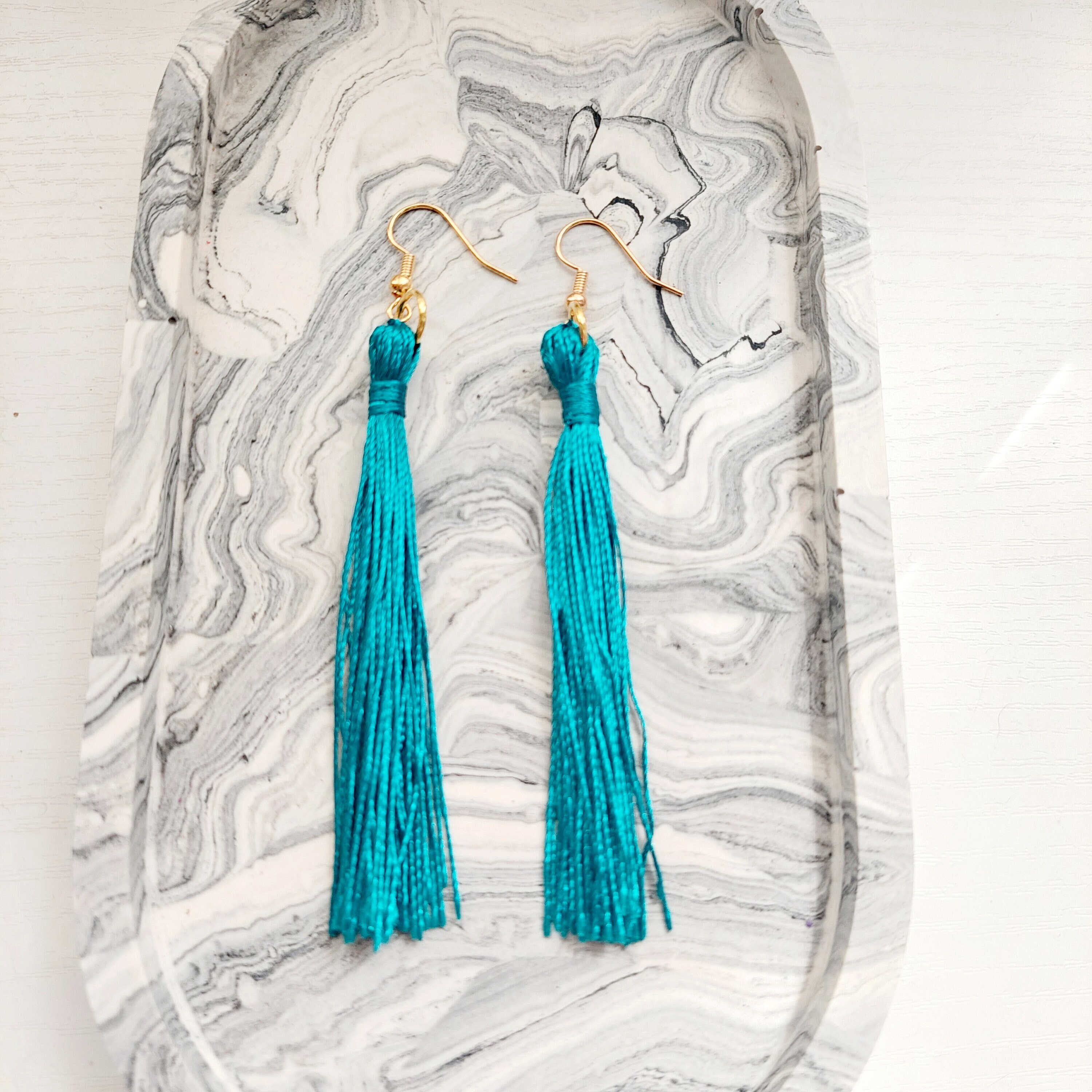 Tassel Stud Earrings - Art Deco Tassel Drop Earrings - Teal  Elegant Teal Tassel Earrings with Gold Details display picture 1