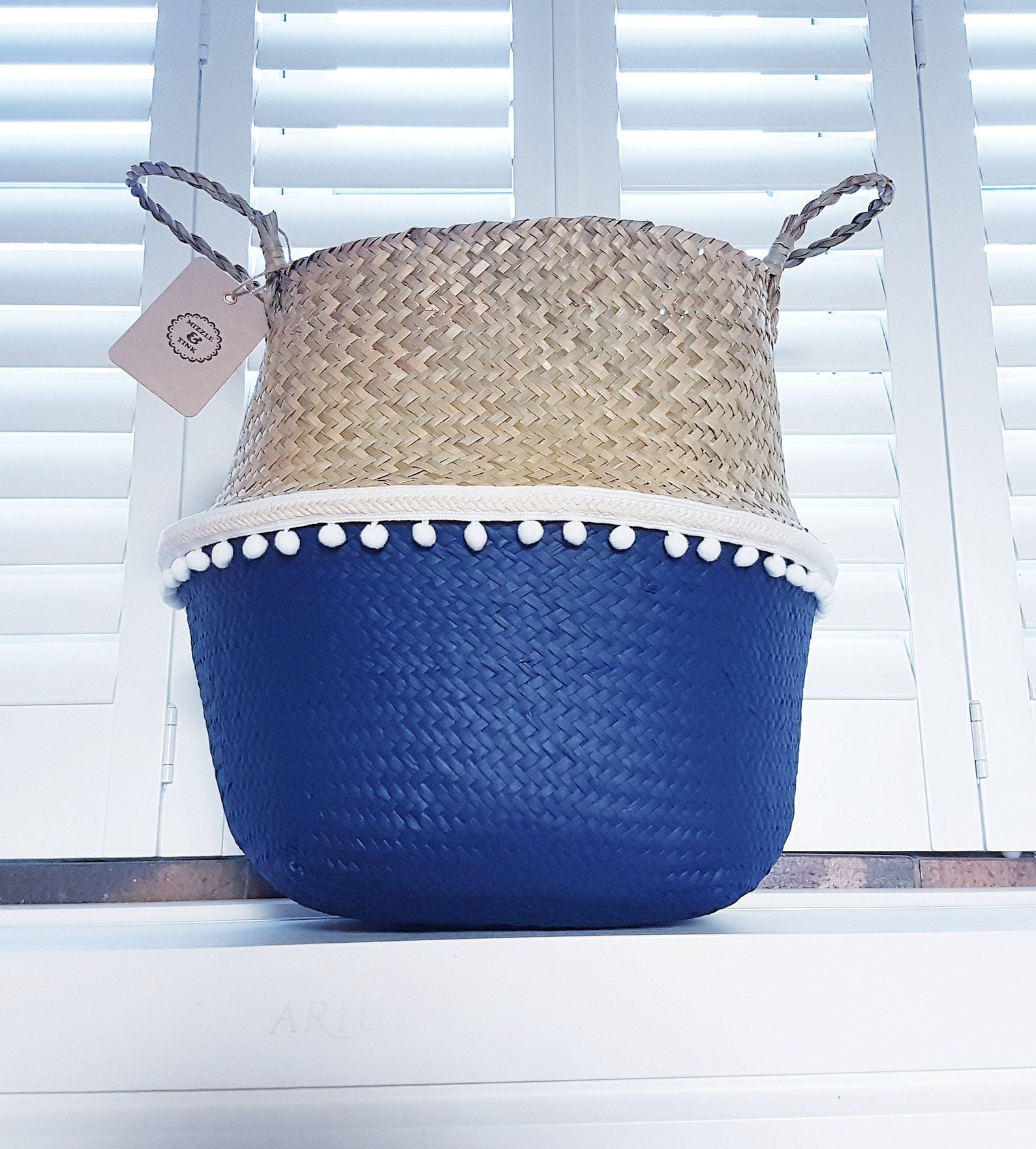 White pom pom trim belly basket choose your paint colour Etsy