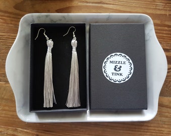 Silver grey silky tassel earrings with gold or silver colour fish hooks