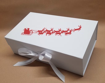 Santa's Sleigh Christmas Gift Box | Luxury Magnetic Closure Box | Ribbons | Xmas Box | Red Box | White Box