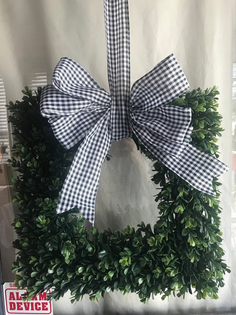 Square Boxwood Wreath With Gingham Ribbon Bow Etsy