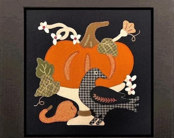 Buttermilk Basin Wool Applique Pattern: The Big Pumpkin, Crow, Gourds (12x12 inches)