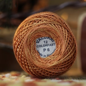 May include: A ball of brown and orange embroidery floss with a white label that reads "Valdani 12 Colorfast P6 Made in Rhode Island".