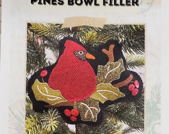 Wool Applique  Pattern BUTTERMILK BASIN Red Cardinal in Pines Bowl Filler Holly berries