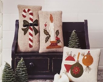 Wool Applique Pattern BUTTERMILK BASIN Trio of Vintage Holiday Pillows Christmas Candy Cane, Candle Ornaments Mug Rug