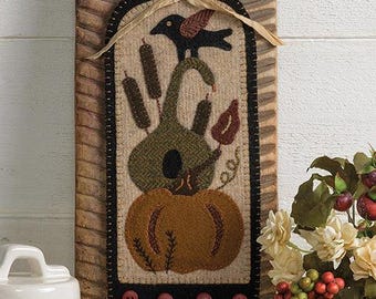 Wool Applique Pattern: Autumn Stack with Crow, Pumpkin, Gourd (12x12 inches)