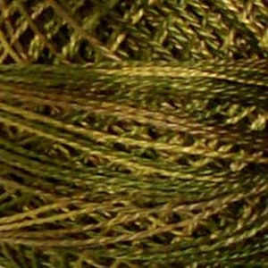 May include: Close-up of a skein of green and gold metallic yarn.